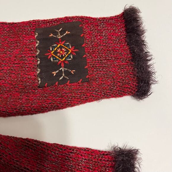 Vintage Granny Cardigan Sweater Burgundy Size 1X Embroidered Patchwork Fur Trim - Picture 8 of 10